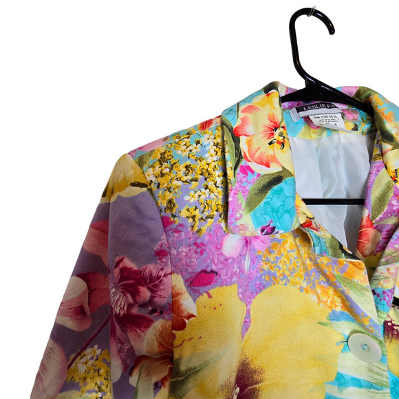 Leslie Fay Floral Cotton-Blend Blazer Size 8 Vibrant Print Button-Up Jacket - Picture 2 of 7